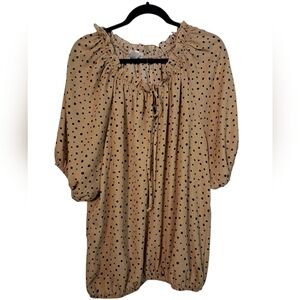 Tan Relaxed Blouse with Ruffled Neckline and 3/4 Cuffed Sleeves 3X